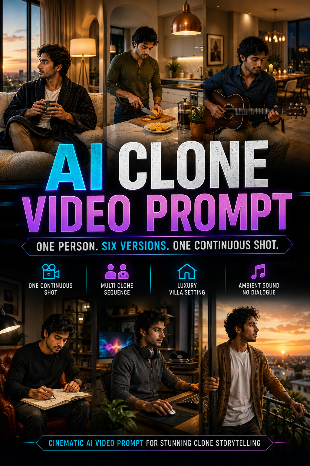 AI Clone Video Prompt: One Person, Six Versions, One Continuous Villa Shot